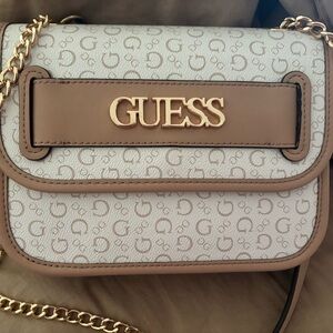 GUESS Cream and Tan Crossbody Bag with Gold Accents